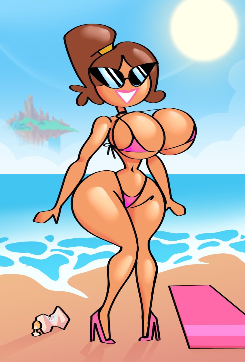 baughbee beach beach_towel big_c_(baughbee) bikini blue_sky breasts brown_hair bursting_breasts choker cleavage cloud curvy day female floating_island full_body high_heels highleg highleg_bikini huge_breasts knick_knack large_breasts lipstick long_hair looking_at_viewer micro_bikini narrow_waist navel ocean outdoors pink_bikini pink_footwear pink_high_heels pink_lips ponytail sand shoes short_hair sky smile solo standing sun sunglasses sunnification sunny_miami swimsuit tan thick_thighs thighs water wide_hips