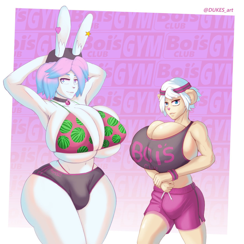 2boys anthro big_breasts breasts bulge busty_boy dukes_art peanut_butter_(theycallhimcake) tagme thick_thighs wide_hips