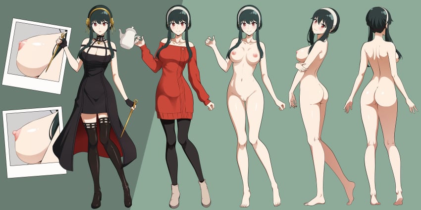 1girls :) alternate_costume ass back_view bare_back bare_shoulders barefoot belly big_ass big_breasts black_hair black_legwear blush boots breasts character_sheet cleavage clothed collarbone completely_nude completely_nude_female cute dress earrings emotionless erect_nipples feet female female_only full_body hairband hairless_pussy hand_under_breasts head_tilt highres hips holding_teapot knees_together_feet_apart legs legwear light-skinned_female lipstick long_hair looking_at_viewer looking_back looking_back_at_viewer multiple_views naked naked_female nanikairu navel nipples nude nude_female pantyhose pasya-pasya photo pussy red_eyes red_sweater shaved_pussy shoes shoulder_blades side_view sidelocks smile solo solo_female spy_x_family standing stomach sweater sweater_dress thighs tight_clothing uncensored vagina waist yor_briar