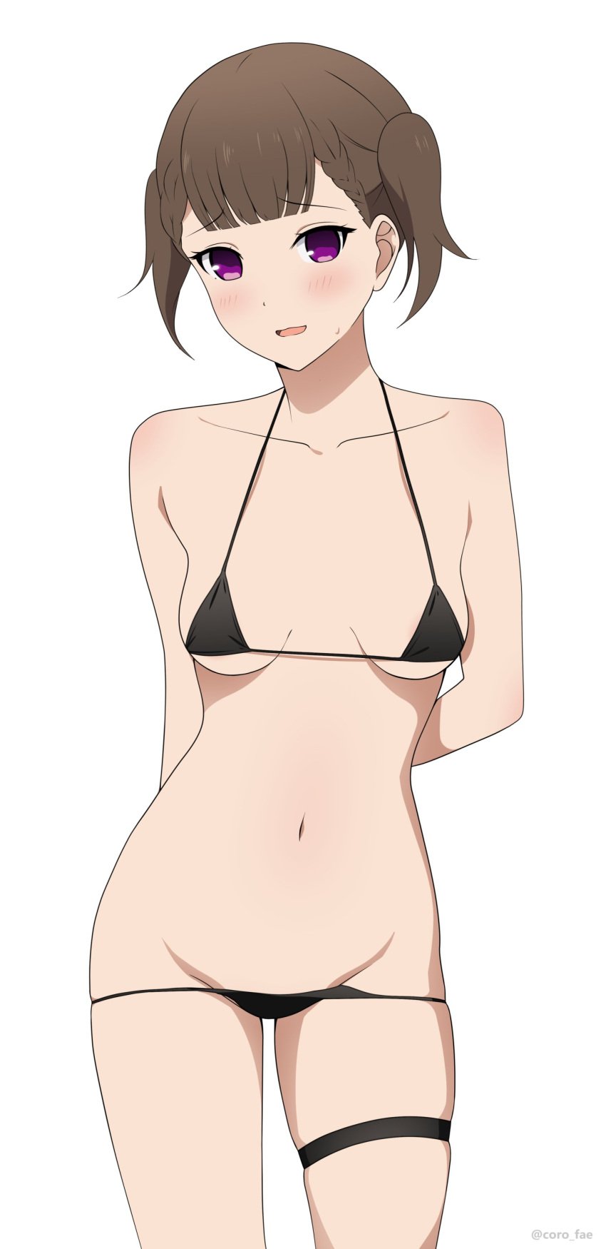 1girls absurd_res absurdres accurate_art_style arms_behind_back ass bare_arms bare_legs bare_midriff bare_shoulders bare_thighs belly belly_button blush breasts brown_hair collarbone coro_fae female female_focus female_only groin high_resolution highres kaguya-sama_wa_kokurasetai_~tensai-tachi_no_renai_zunousen~ legs light_skin looking_at_viewer maki_shijo navel nude official_style purple_eyes pussy_bulge schoolgirl short_hair shoulders simple_background simple_shading slender_waist slim_waist small_breasts solo standing student teenager thighs thin_waist v-line white_background