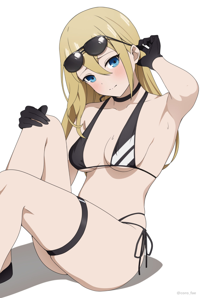 1girls absurd_res absurdres accurate_art_style arm_up armpits bare_arms bare_legs bare_midriff bare_shoulders bare_thighs bikini black_bikini black_gloves black_swimsuit blonde_hair blue_eyes blush cleavage collarbone coro_fae female female_focus female_only fingers gloves hand_above_head hand_on_knee hayasaka_ai high_resolution highres kaguya-sama_wa_kokurasetai_~tensai-tachi_no_renai_zunousen~ kneepits knees knees_up large_breasts light_skin long_hair looking_at_viewer medium_breasts nude official_style schoolgirl simple_background simple_shading sitting slender_waist slim_waist solo string_bikini student sunglasses sunglasses_on_head swimsuit teenager thick_thighs thin_waist white_background