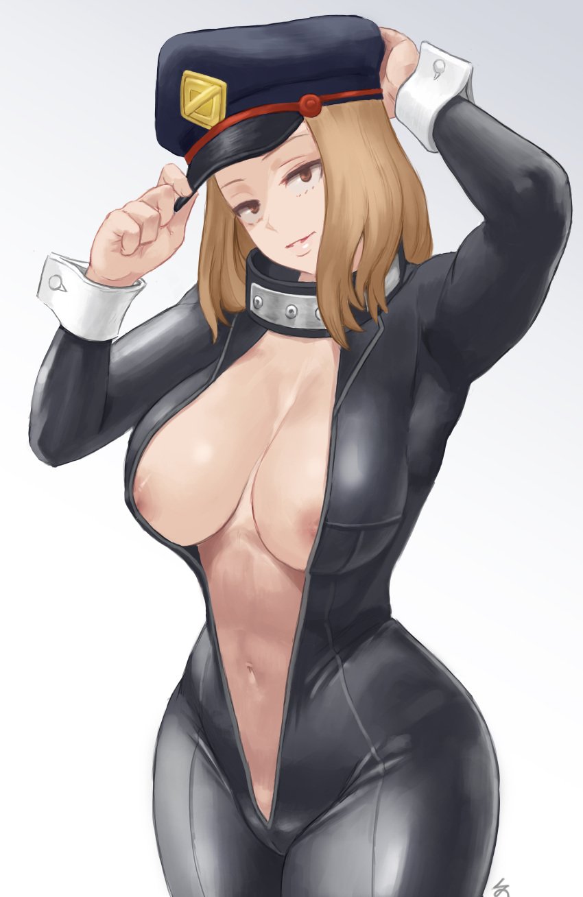 1girls absurd_res areola_slip areolae big_breasts bodysuit breasts brown_eyes brown_hair camie_utsushimi catsuit center_opening collar commentary cutesexyrobutts_(style) favorite female female_focus female_only hand_on_headwear hat hero_outfit_(mha) high_resolution highres large_breasts leather long_hair looking_at_viewer medium_hair my_hero_academia navel nipples no_bra peaked_cap plunging_neckline revealing_clothes shiketsu_high_school_cap simple_background skin_tight solo symbol teasing unzipped white_background wrist_cuffs zefra_bleu