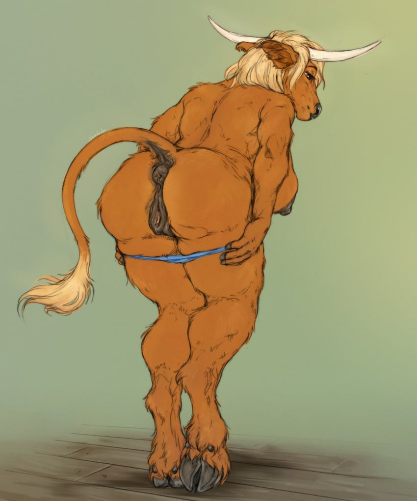 anatomically_correct anatomically_correct_genitalia anatomically_correct_vulva animal_genitalia animal_vulva anthro anus ass bent_over big_breasts blonde_hair bovid bovine bovine_genitalia bovine_vulva breasts brown_body brown_fur cattle clothed clothing cloven_hooves dock_(anatomy) female fingers fur genitals hair hi_res hooved_fingers hooves horn mammal panties panties_down partially_clothed presenting presenting_hindquarters puffy_anus pussy rear_view scarlanya simple_background solo tail tail_tuft tuft underwear underwear_down undressing vulva