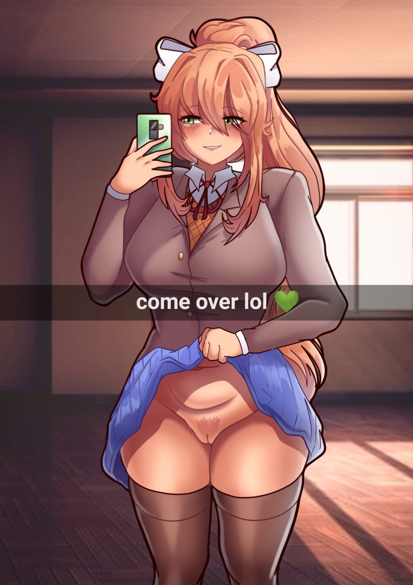 1girls asking_for_it belly belly_button blonde_hair blue_skirt blush blush_stickers blushing_at_viewer bottom_heavy bottomless bottomless_skirt caption doki_doki_literature_club empty_room female green_eyes hair hair_between_eyes hair_ornament hair_over_one_eye hair_ribbon holding holding_object inviting inviting_to_sex johnv legs legwear lifting lifting_skirt long_hair long_sleeves monika_(doki_doki_literature_club) necklace necktie neckwear no_panties orange_hair phone presenting presenting_pussy pubic_hair puffy_pussy school school_uniform schoolgirl selfie selfie_pose shiny shiny_clothes shiny_hair shiny_skin skirt skirt_lift skirt_pull skirt_up smile smiling smiling_at_viewer snapchat strawberry_blonde_hair thick thick_hips thick_legs thick_thighs thigh_squish thighhighs thighs