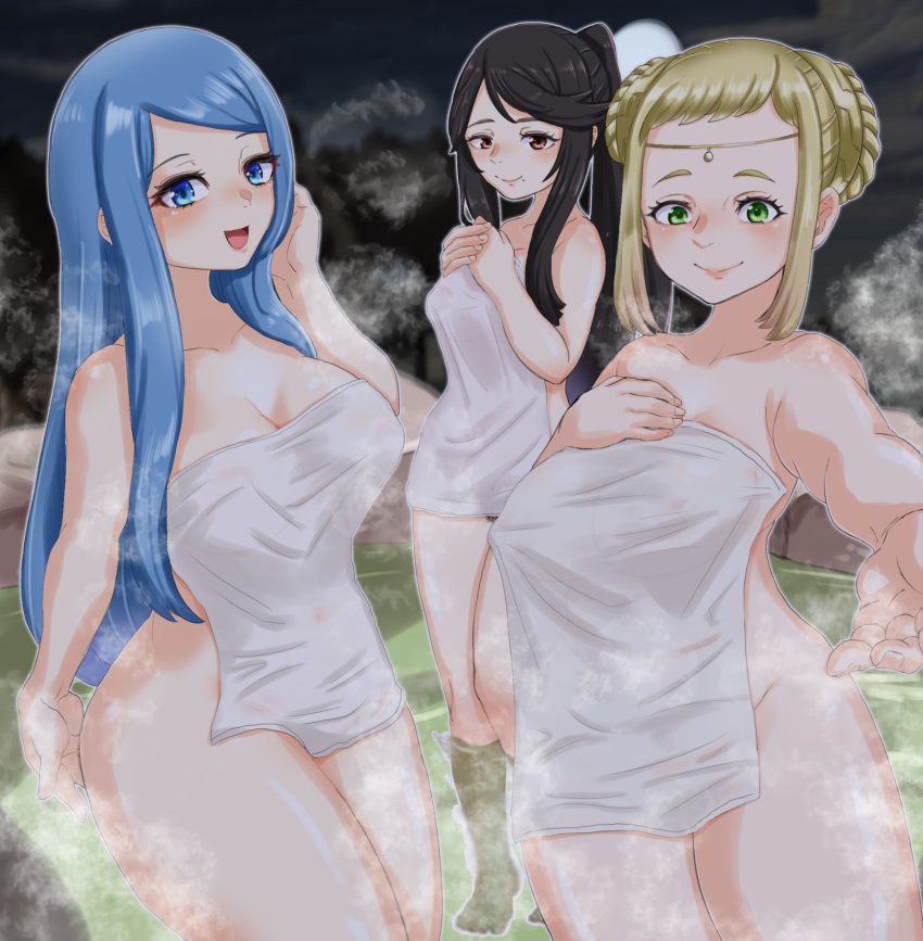 3girls adjusting_hair armpits bangs bare_arms bare_shoulders bare_thighs bath beauty_mark black_hair blonde_hair blue_eyes blue_hair breasts collarbone female female_only female_pubic_hair fire_emblem fire_emblem_engage fire_emblem_fates fire_emblem_heroes full_moon green_eyes group_bathing hand_on_own_chest hands_on_own_chest henriette_(fire_emblem) inviting long_hair looking_at_viewer lumera_(fire_emblem) mature mature_female medium_breasts mikoto_(fire_emblem) milf mole mole_under_mouth moon multicolored_hair multiple_girls naked_towel night nintendo onsen open_mouth outdoors ponimeko ponytail pubic_hair pubic_hair_peek reaching_out reaching_towards_viewer red_eyes rock short_hair shoulders small_towel smile steam thighs towel tree very_long_hair yellow_hair