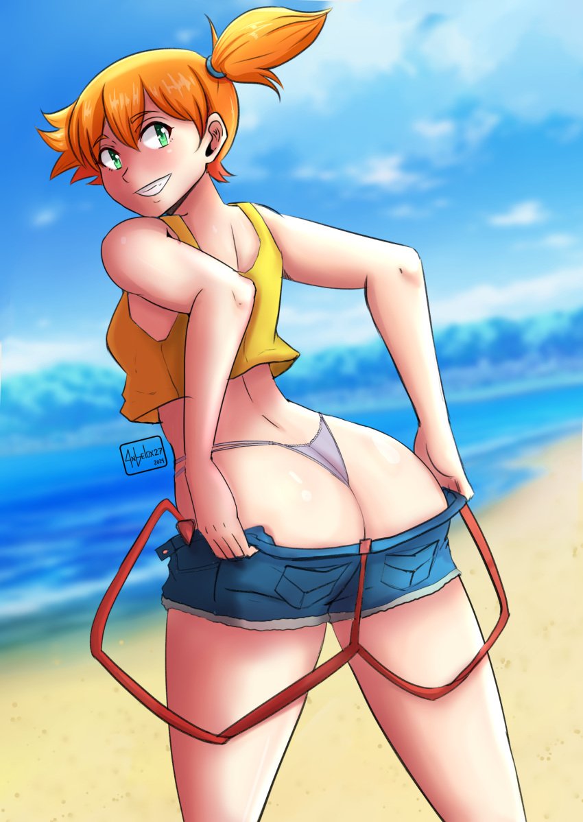 1girls alternate_ass_size angelox27 ass backboob big_ass dat_ass female female_only green_eyes huge_ass human human_only kasumi_(pokemon) large_ass legs nintendo orange_hair pokemon pokemon_rgby red_hair solo suspenders tank_top thick thick_ass thick_thighs thighs thong yellow_shirt yellow_tank_top