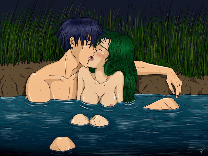 1boy 1girls bath blue_hair blush breasts closed_eyes couple cuddling elincia_ridell_crimea fire_emblem fire_emblem:_path_of_radiance fire_emblem:_radiant_dawn french_kiss grass green_hair ike_(fire_emblem) kissing knees knees_up naked nataly_(artist) nervous nintendo nude romantic straight tongue tongue_kiss tongue_out water