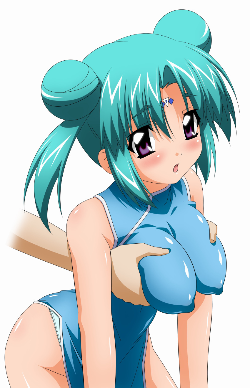 1girls aqua_hair bare_shoulders blush breast_grab breasts canal_vorfeed china_dress chinadress chinese_clothes embarrassed erect_nipples female high_resolution lost_universe purple_eyes solo sugimura_tomokazu