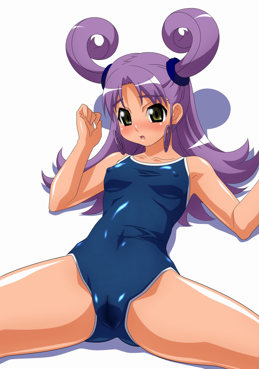 cameltoe erect_nipples high_resolution kazamatsuri_rinna one-piece_swimsuit purple_hair school_swimsuit simple_background spread_legs sugimura_tomokazu swimsuit uchuu_no_stellvia