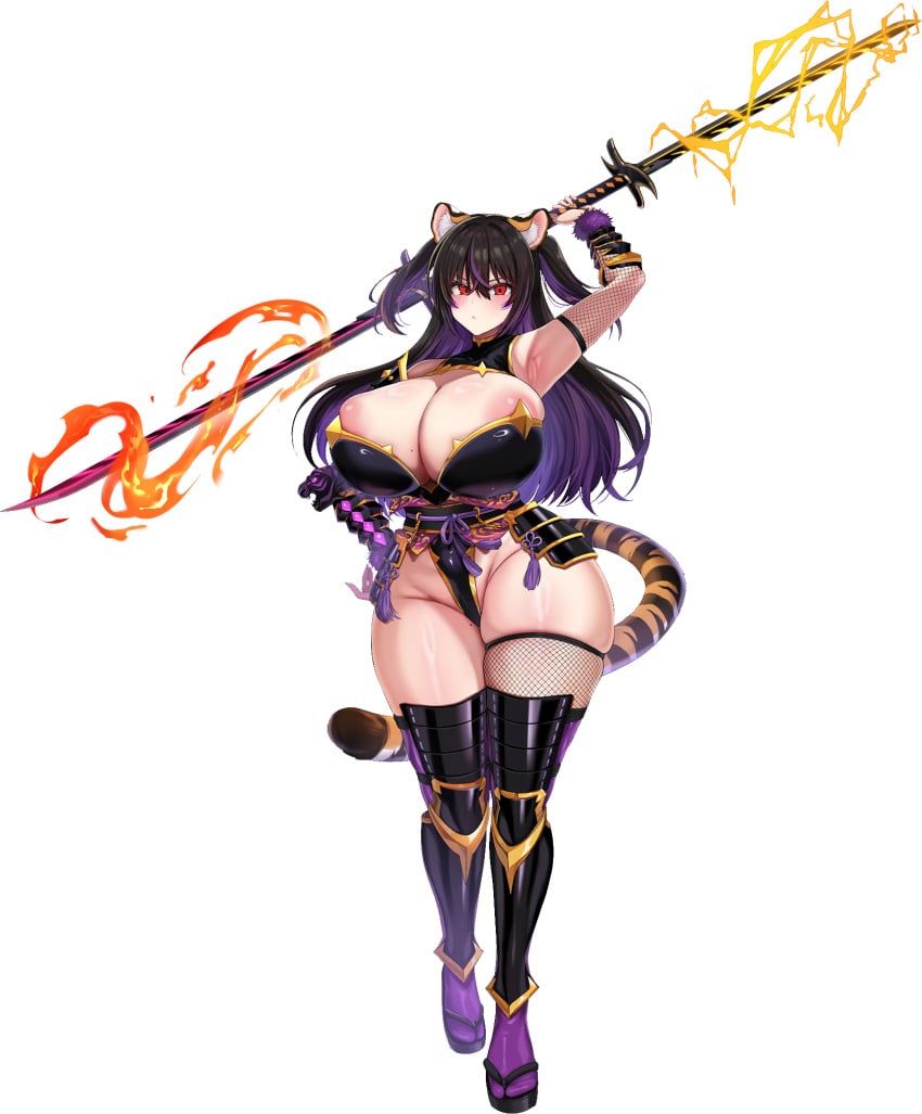 1girls animal_ears animal_tail areola_slip armor armpits black_hair blush breasts bursting_breasts busty cleavage cleavage_cutout female female_only fishnets holding_weapon huge_breasts kaenuco kunoichi_shiden last_origin leotard light-skinned_female light_skin long_hair mole_on_thigh multicolored_hair no_panties official_art one_arm_up purple_hair red_eyes sandals solo streaked_hair thick_thighs transparent_background twintails voluptuous wide_hips