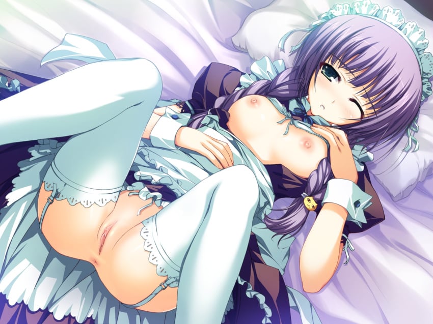 1girls akatsuki_no_goei anus areolae bed blush braid breasts cameltoe female female_only game_cg green_eyes hair_ribbon highres lace lace-trimmed_thighhighs maid maid_headdress nipples no_panties on_back pillow purple_hair pussy ribbon shirt_lift solo stockings thighhighs tomose_shunsaku tsuki_(akatsuki_no_goei) twin_braids uncensored white_legwear white_thighhighs wink wrist_cuffs