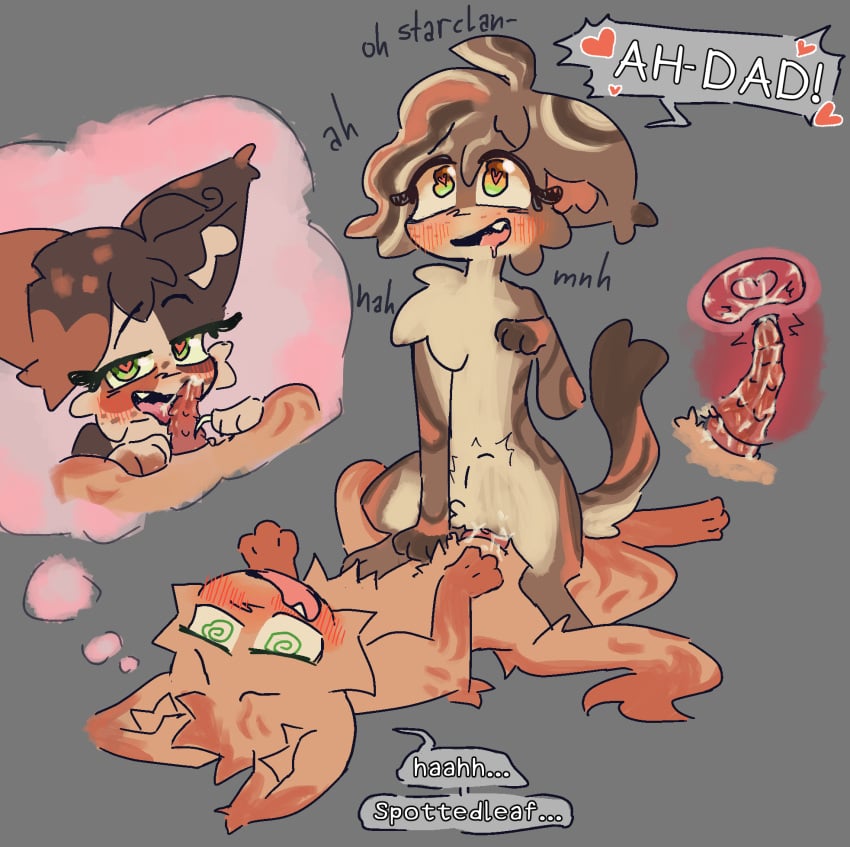 animal_genitalia bodily_fluids cum cum_inside cum_while_penetrated daughter_(lore) domestic_cat duo ejaculation father_(lore) father_and_child_(lore) father_and_daughter_(lore) felid feline feline_genitalia felis fellatio female feral firestar_(warriors) genital_fluids genitals group hi_res incest_(lore) leafpool_(warriors) licking looking_pleasured male male/female mammal oral parent_(lore) parent_and_child_(lore) parent_and_daughter_(lore) penetration penile penile_penetration penile_spines penis penis_in_vagina penis_lick precum rottenmango sex speech_bubble spottedleaf_(warriors) text tongue vaginal vaginal_penetration warriors_(book_series)