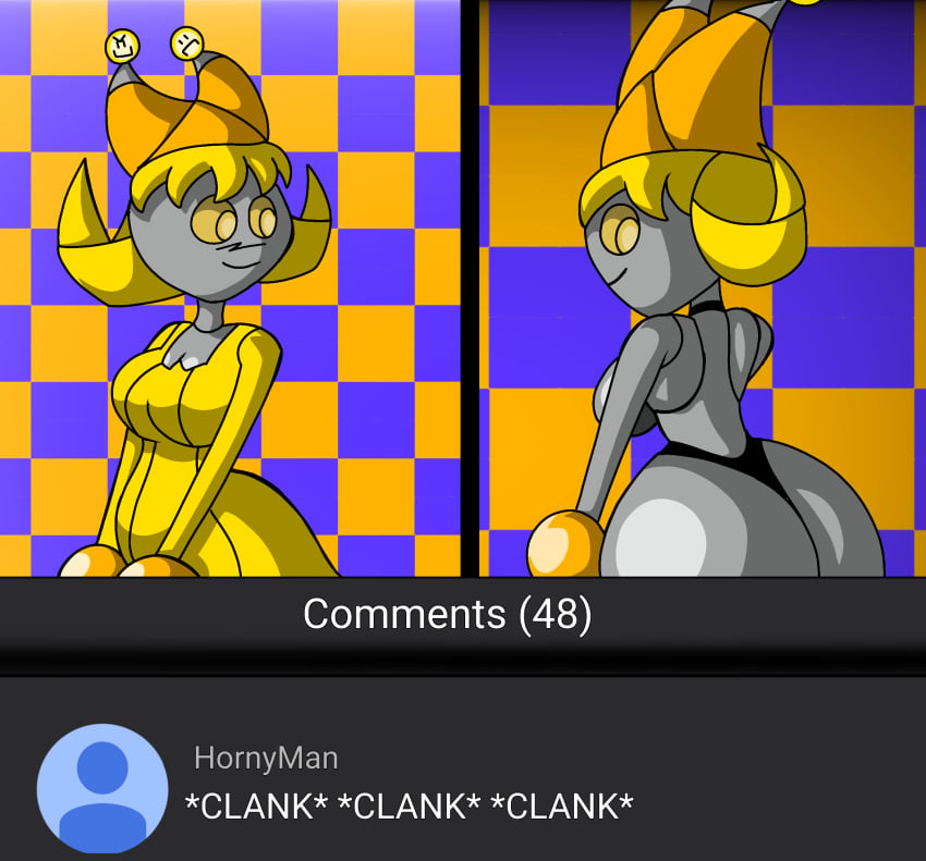 2026 2026s ass blonde_hair clank_clank_clank clanker clothed comment_section joke joke_art joke_explainer_17000 joke_explainer_7000 joke_explainer_7000_(maker) looking_at_viewer medium_breasts meme nice_ass olivia_(paper_mario) panties robot robot_girl robot_humanoid topless unknown_character youtube