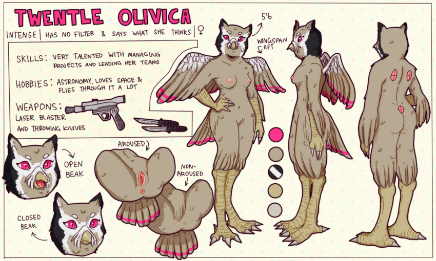 avian bird feathers female genitals hi_res laser_blaster owl pink_body pink_eyes pink_feathers pussy scops_owl solo throwing_knife true_owl twentle twentle_olivica twentles white-faced_owl