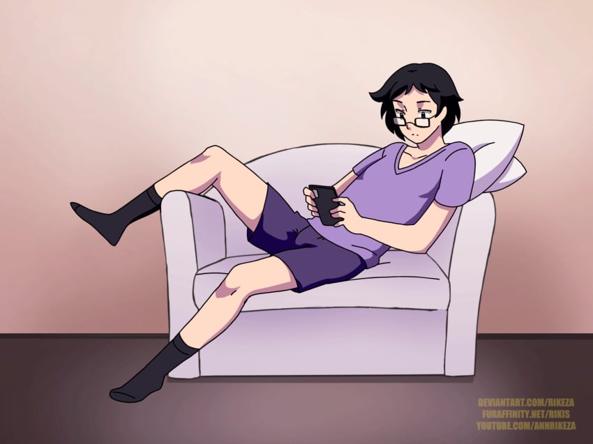 animated black_eyes black_hair boots bra breast_expansion breasts cleavage clothing couch female gender_transformation glasses hair_growth high_heels lingerie lying male mtf_transformation phone rikeza rikis socks transformation