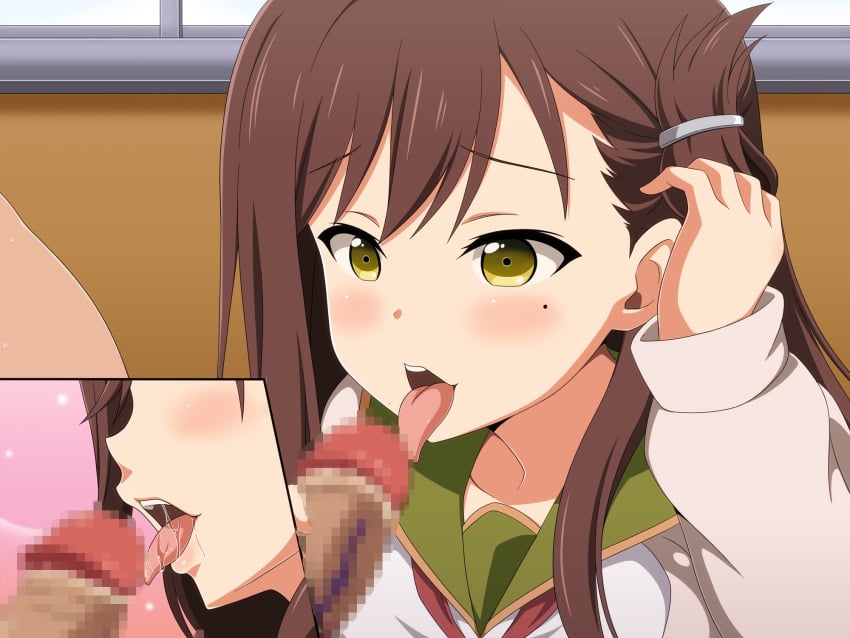 1boy blush brown_hair female gakkou_gurashi! happy highres japanese_text looking_at_penis looking_pleasured open_mouth penis penis_grab school_uniform schoolgirl text tongue_out wakasa_yuuri yellow_eyes