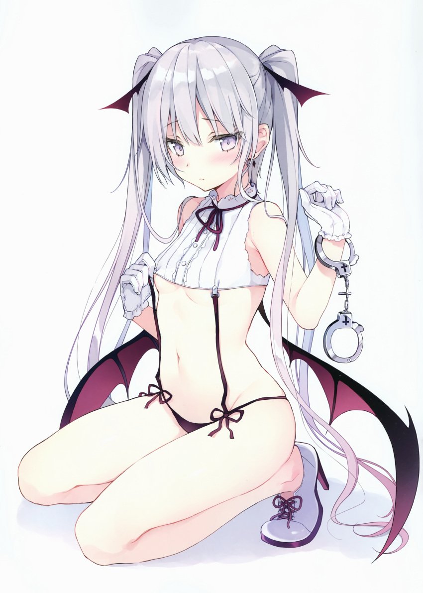 absurdres black_panties blush breasts buttons center_frills crop_top cuffs demon_girl demon_wings female frills full_body gloves handcuffs highres kneeling light_purple_eyes long_hair looking_at_viewer navel neck_ribbon original panties ribbon rurudo shirt shoes silver_hair simple_background sitting sleeveless sleeveless_shirt small_breasts solo twintails underboob underwear very_long_hair white_background white_gloves white_shirt wings