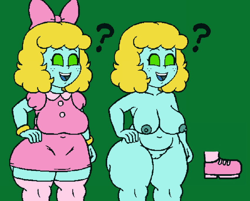 1girls 2021 ? big_ass big_breasts blonde_hair chubby chubby_female cute female freckles ftrashpickle ghost ghost_girl green_eyes naked nina_(ftrashpickle) nude nude_female original original_character pink_bow pink_dress pink_shoes pink_sneakers pink_stockings slightly_chubby thick_thighs