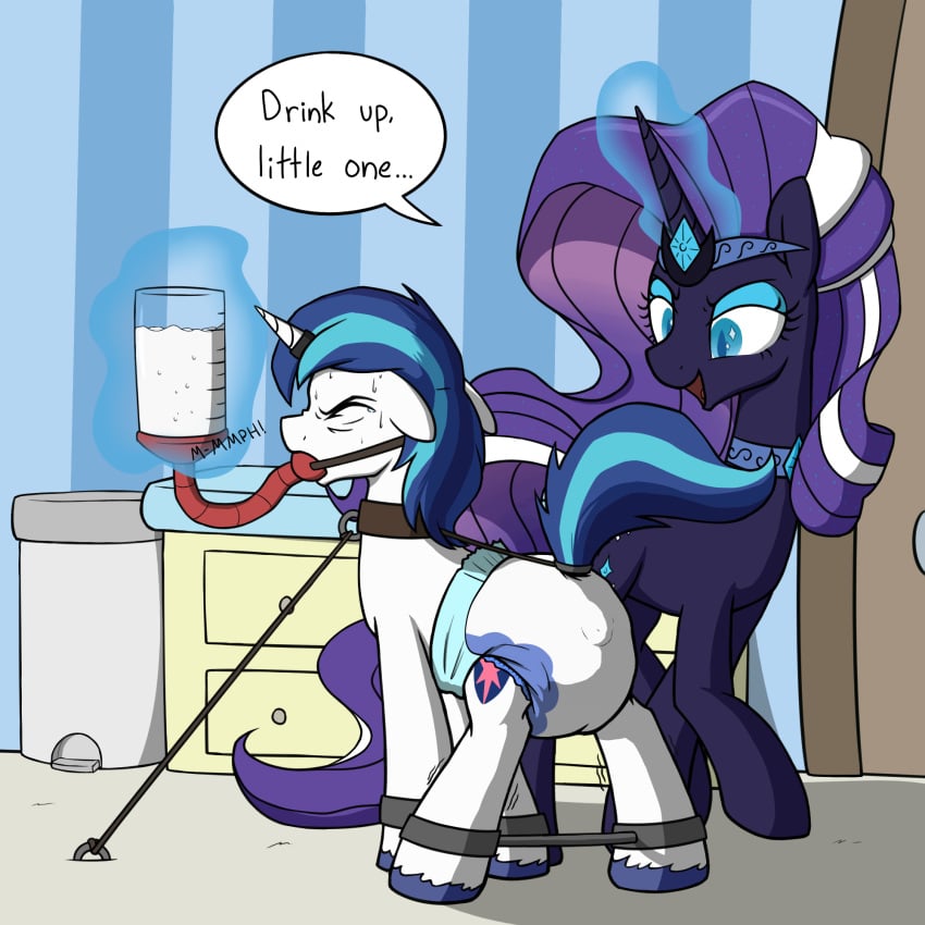 bondage bound cum_drinking cum_feeding cum_in_container diaper femdom force_feeding friendship_is_magic gag gagged my_little_pony nightmare_rarity pony rarity_(mlp) shining_armor_(mlp) skitterpone slave tube tube_feeding unicorn