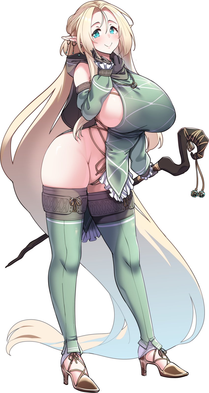 blonde_hair blue_eyes curvy elf elf_ears female huge_breasts konoshige_(ryuun) long_hair mage original original_character pointy_ears ryuun_(stiil) skimpy_clothes smiling solo solo_female sorceress staff thick_thighs