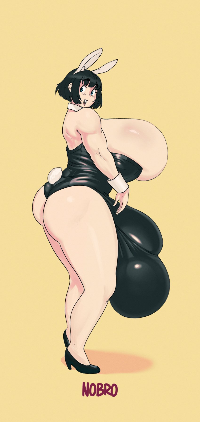 1futa alternate_version_available ass balls balls_to_knees breasts bulge bunny_ears bunny_girl bunnysuit cleavage clothed clothing full-package_futanari fully_clothed futa_only futanari huge_ass hyper_balls hyper_breasts hyper_testicles nobro oversized_balls rabbit_humanoid simple_background solo testicles