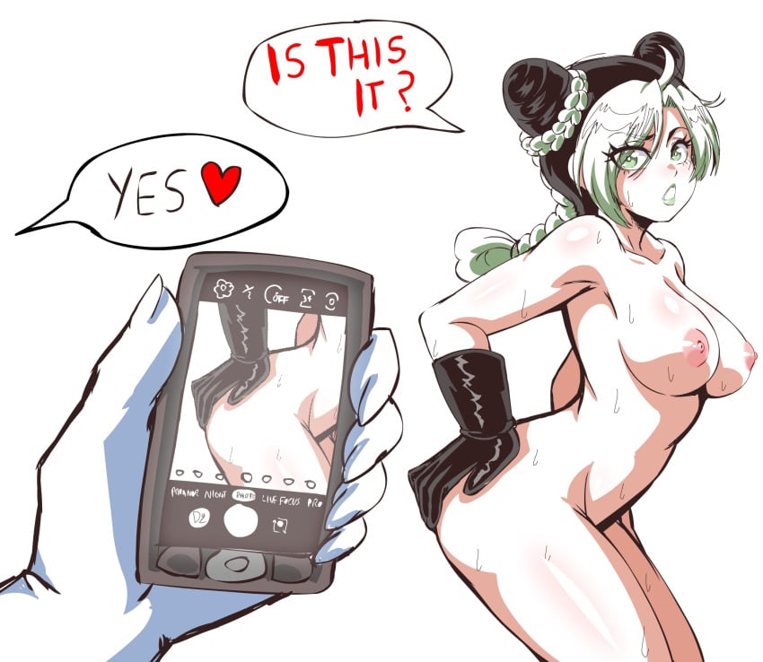 1girls album_cover album_reference belly big_breasts breasts female gloves green_eyes green_hair hand_on_ass jojo's_bizarre_adventure jolyne_kujo lewdamone long_hair nipples nude nude_female phone photo pussy recording shounen_jump stone_ocean talking the_strokes