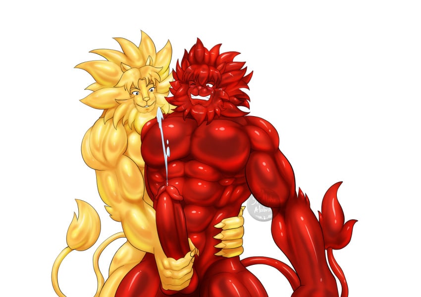 abs after_transformation alabuster anthro claws colored duo ejaculation felid genitals goo_creature hand_on_hip handjob humanoid_genitalia humanoid_penis lion male male/male mammal muscular muscular_anthro muscular_male nude pantherine penile penis red_body sex simple_background yellow_body