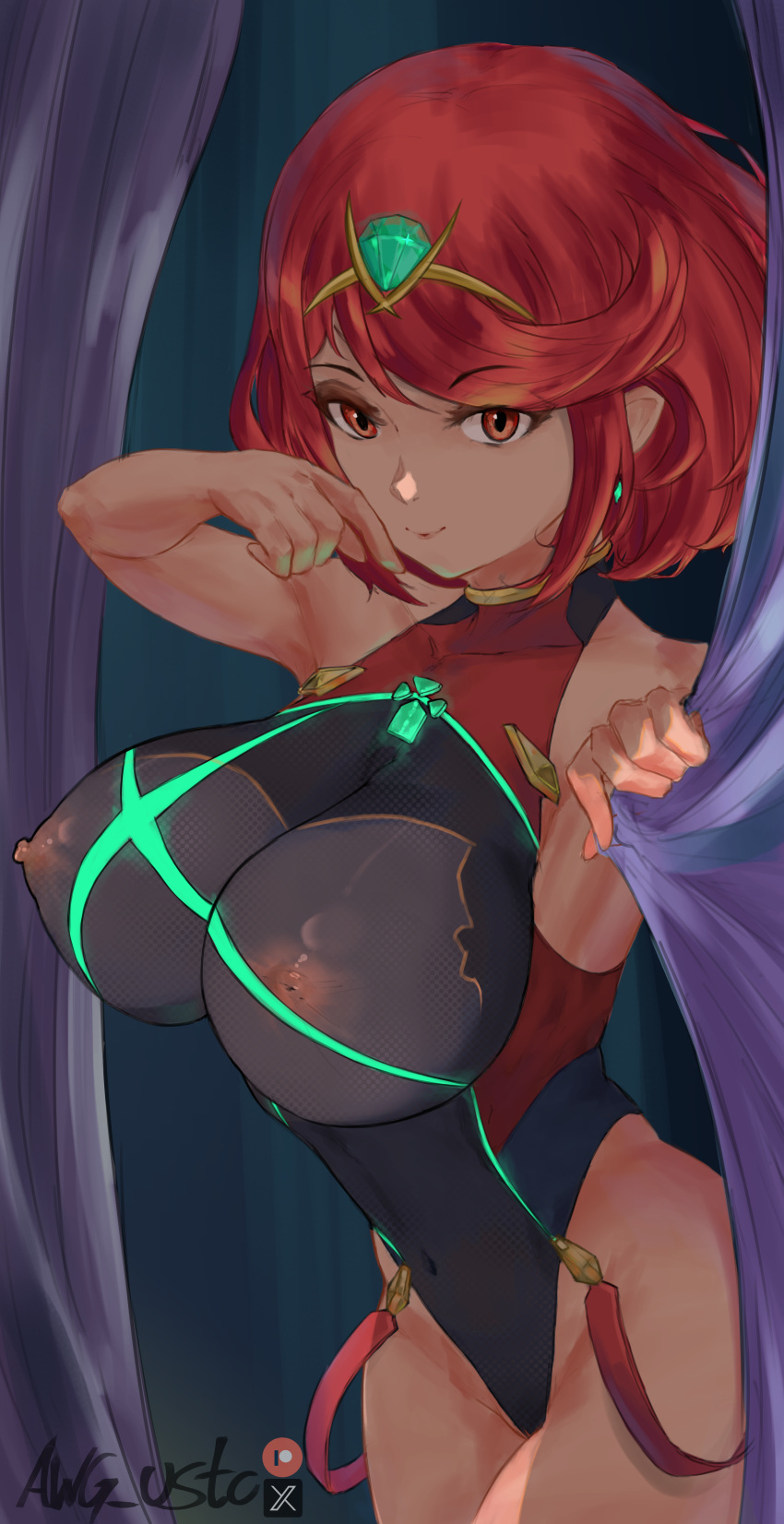 1girls awg_usto big_breasts bodysuit core_crystal erect_nipples leotard pyra red_eyes red_hair see-through swimsuit xenoblade_(series) xenoblade_chronicles_2