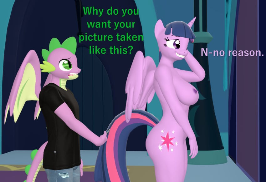 3d 3d_(artwork) alicorn anthro anthrofied big_breasts breasts digital_media_(artwork) dragon duo english_text equid equine female friendship_is_magic hasbro horn male mammal membrane_(anatomy) membranous_wings my_little_pony nipples nude papadragon69 spike_(mlp) text twilight_sparkle_(mlp) wings