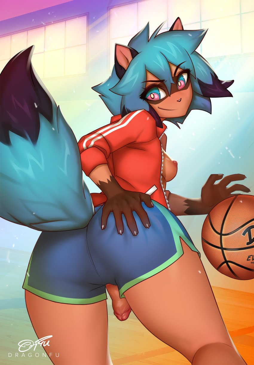 1futa anthro ass_focus basket_ball bent_over blue_hair brand_new_animal breasts clothed clothing dragonfu furry futa_only futanari looking_back michiru_kagemori mostly_clothed nails nipples penis penis_hanging penis_tip smile solo solo_futa source_request tail tanuki thick_thighs thighs