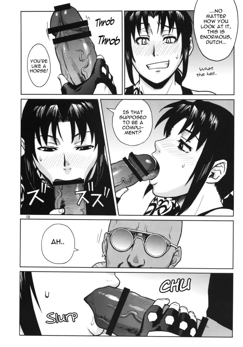 1boy 1girls age_difference azasuke big_penis black_lagoon blowjob boss_and_subordinate censored doujinshi duo dutch_(black_lagoon) english_text hotpants licking licking_penis revy tank_top tattoo