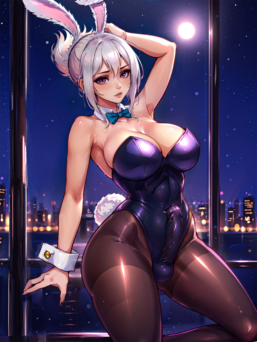 1futa ai_generated athletic athletic_futanari battle_bunny_riven big_breasts bulge bunny_ears bunnysuit dickgirl futa_only futanari league_of_legends penis_under_clothes purple_eyes riven solo solo_futa stable_diffusion veritai white_hair