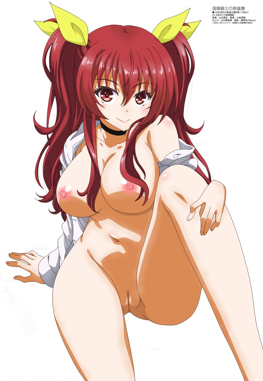 10s absurdres blush breasts choker cleavage cleft_of_venus completely_nude female female_focus full_cleft highres large_breasts lipstick long_hair makeup navel nipples nude nude_filter pussy rakudai_kishi_no_cavalry red_eyes red_hair simple_background smile solo spread_legs stella_vermillion third-party_edit twintails white_background yamamoto_ryousuke