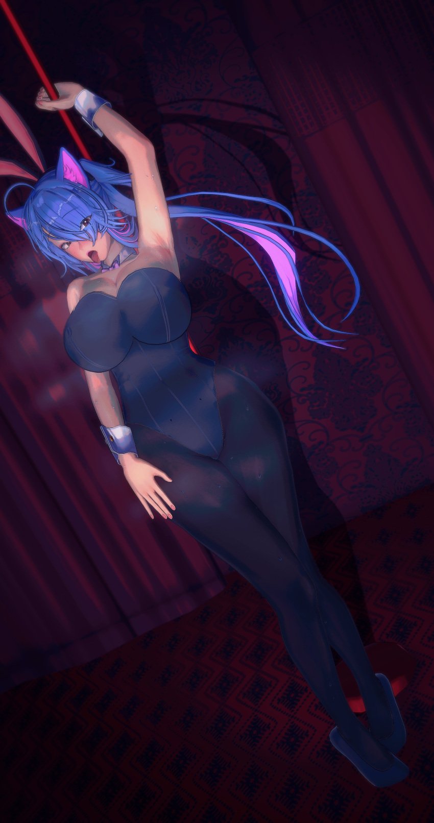 1girls 3d arm_up ass big_ass big_breasts big_thighs breasts bunny_ears bunnysuit cat_ears catgirl collar deluxe_rosie eyes_visible_through_hair female female_only huge_breasts indie_virtual_youtuber looking_at_viewer multicolored_hair pole pose posing rosie_(vtuber) seductive seductive_look stripper_pole tight_clothing tights tongue tongue_out virtual_youtuber