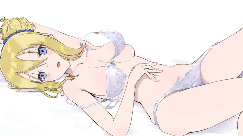 1girls absurd_res absurdres arm_above_head arm_up armpits ass bare_arms bare_ass bare_legs bare_midriff bare_shoulders bare_thighs belly belly_button blonde_female blonde_hair blonde_hair_female blue_eyes blush blush blush_lines bossun_(laetus) bra breasts breasts breasts_apart collarbone dot_nose elbows eyebrows eyebrows_visible_through_hair female female_focus female_only fingers hair_between_eyes hand_above_head hand_on_stomach hand_up hayasaka_ai high_resolution highres hourglass_figure kaguya-sama_wa_kokurasetai_~tensai-tachi_no_renai_zunousen~ knees_up laying_down laying_on_back laying_on_bed legs legs_up light_skin lingerie long_hair looking_at_viewer loose_bra loose_panties medium_breasts navel nude open_mouth panties shoulders side_ponytail sideboob sidelocks simple_background slender_body slender_waist slim_girl slim_waist solo student teenager thick_thighs thighs thin_waist underboob underwear upper_body white_background white_bra white_panties white_underwear