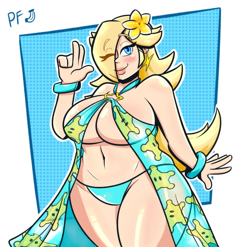 1girls bikini blonde_hair blue_bikini blue_eyes breasts eyebrows_visible_through_hair eyes_visible_through_hair female female_only looking_at_viewer mario_(series) mario_kart mario_kart_tour nintendo one_eye_closed platano_frito plump princess_rosalina simple_background solo standing swimsuit swimwear thick thick_thighs thighs wink winking_at_viewer