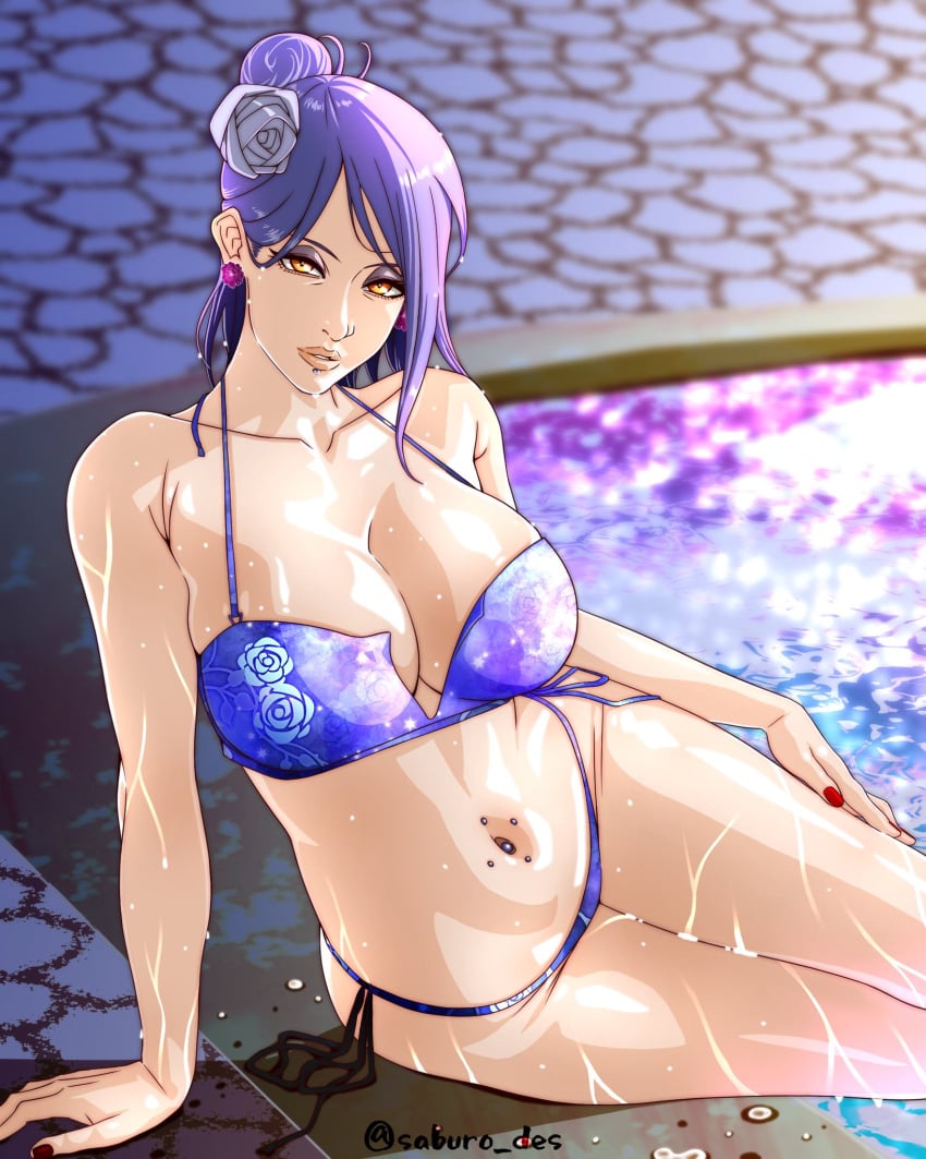 1girls arm_support big_breasts bikini bikini_bottom bikini_top breasts cleavage collarbone commentary earrings english_text eyeshadow floral_print flower flower_in_hair hair_ornament huge_breasts jewelry konan legs_together lipstick looking_at_viewer makeup mascara midriff nail_polish naruto naruto_(series) naruto_shippuden navel navel_piercing oppai piercing pool poolside posing rose rose_(flower) saburo_des seductive seductive_eyes seductive_look side-tie_bikini side-tie_bikini_bottom sitting solo swimsuit text voluptuous wet wet_body wet_skin wide_hips