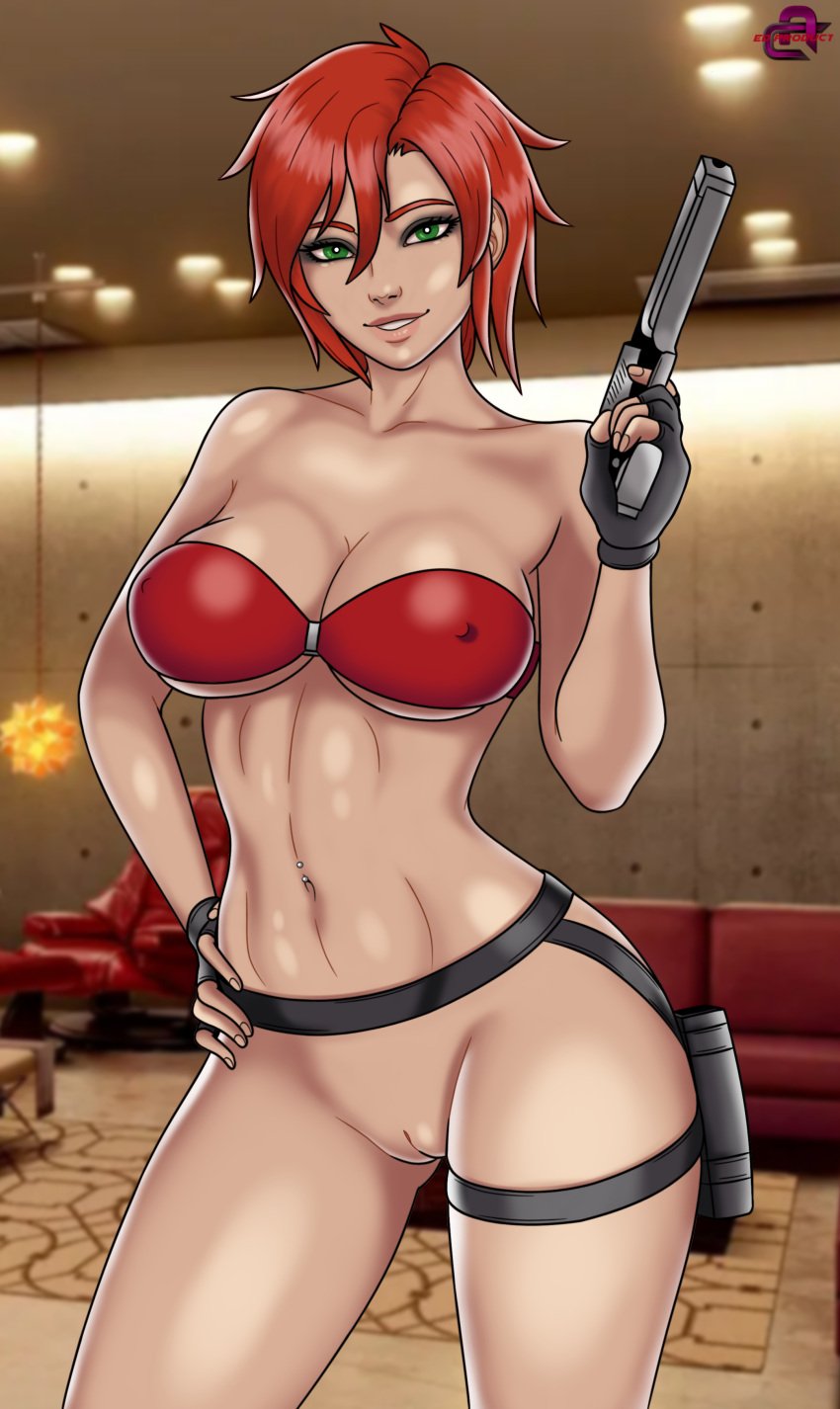 belt breasts casual ed_product female firearm green_eyes gun handgun human kaly legwear nude pale_skin pants pistol pussy red_hair weapon