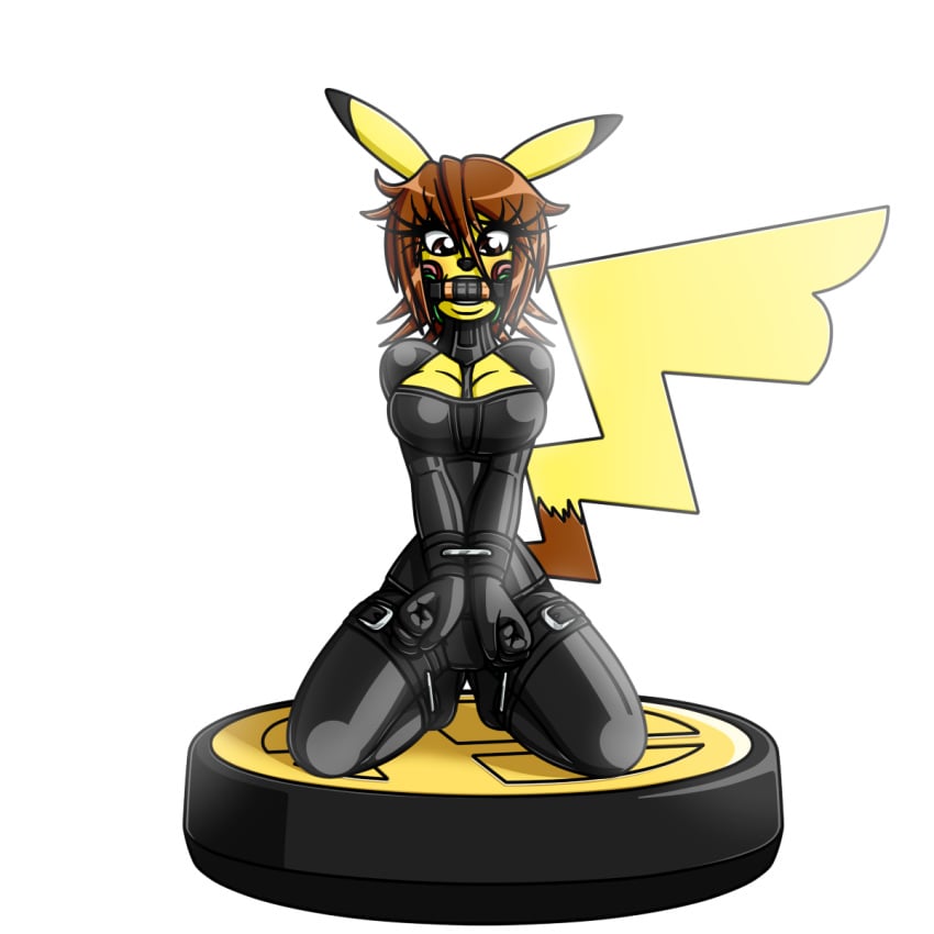 1:1 1girls amiibo anthro bit_gag black_latex bondage female female_only generation_1_pokemon kneeling kneeling_female latex legs_apart nintendo pikachu pokémon_(species) pokemon raver1357 simple_background solo super_smash_bros. transparent_background wrists_bound