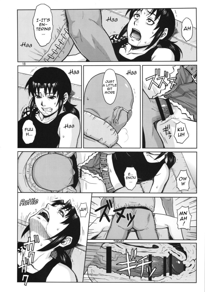 1boy 1girls age_difference azasuke big_penis black_lagoon boss_and_subordinate censored doujinshi duo dutch_(black_lagoon) english_text hotpants penis_in_pussy pussy revy sex tank_top tattoo womb x-ray