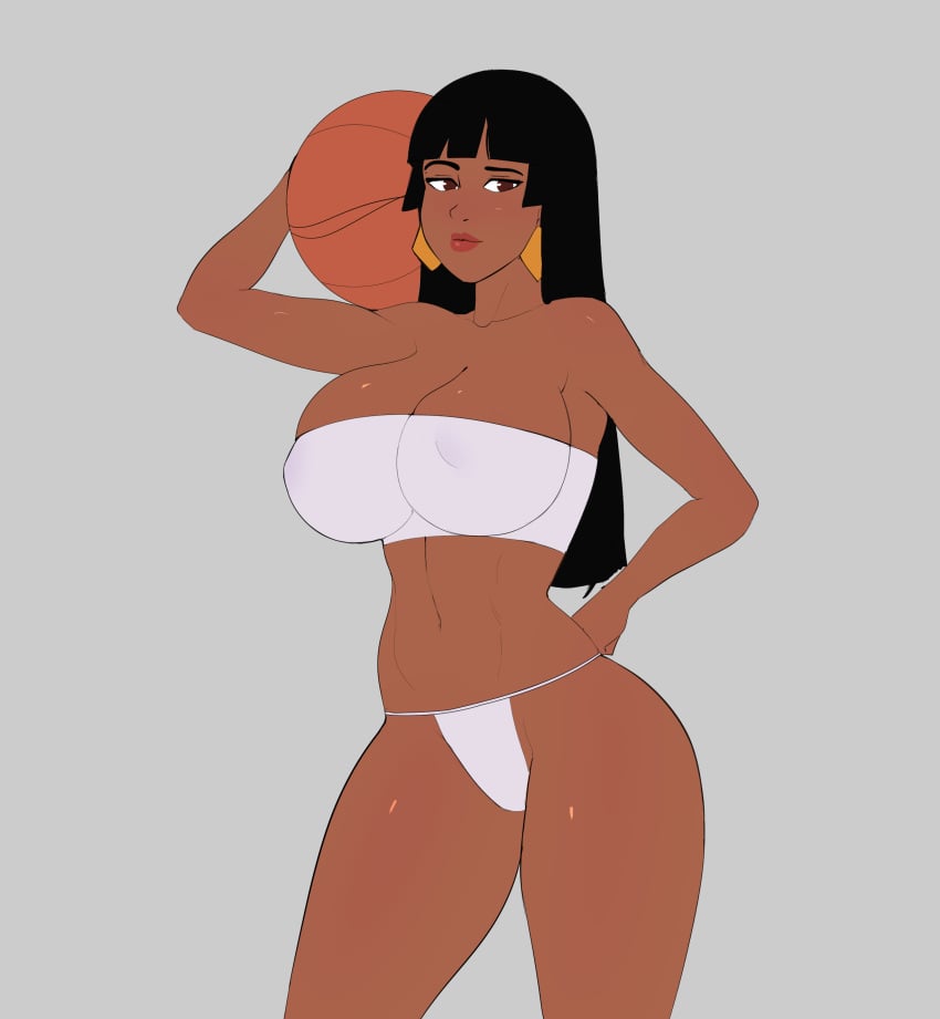 1girls bangs basketball black_hair breasts chel chel_(the_road_to_el_dorado) cleavage dark-skinned_female dark_skin earrings g3mma grey_background hair hime_cut long_hair native_american nipple_bulge nipples_visible_through_clothing red_lips red_lipstick the_road_to_el_dorado thong thong_bikini thong_panties tubetop white_panties white_tube_top