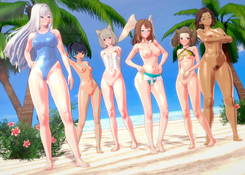 3d 3d_(artwork) 6girls beach belly_button big_breasts blue_eyes blue_hair blush bottomless bottomless_female breasts brown_eyes brown_hair cameltoe cat_ears cat_tail core_crystal dark-skinned_female dark_hair dark_skin dume ethel_(xenoblade) eunie_(xenoblade) fair-skinned_female fair_skin female female_only frown green_eyes grin head_wings long_hair medium_breasts mio_(xenoblade) monica_vandham monolith_soft multiple_girls muscular muscular_female navel nintendo nipples no_pubic_hair nude nude_female one-piece_swimsuit palm_tree pubic_hair pussy sena_(xenoblade) shania_(xenoblade) shiny_skin short_hair silver_hair small_breasts smile swimsuit swimwear topless topless_female twintails white_hair xenoblade_(series) xenoblade_chronicles_3 yellow_eyes