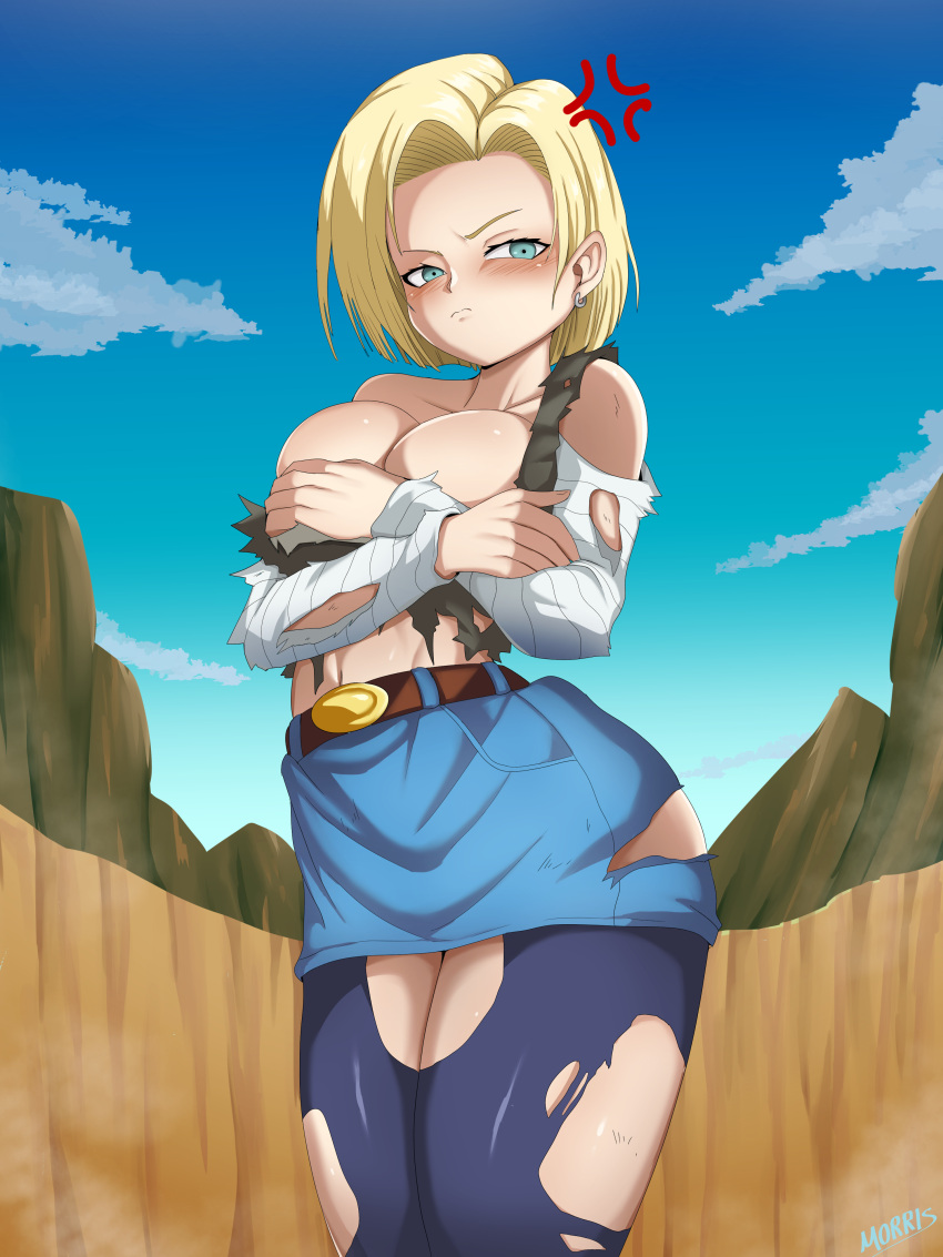 1girls absurdres after_fight android_18 anger_vein annoyed aqua_eyes artist_name belt black_shirt blonde_hair blue_pantyhose blue_skirt blue_sky blush breasts cleavage closed_mouth cloud collarbone covering covering_breasts covering_privates cowboy_shot crossed_arms day denim denim_skirt destroyed_clothing dragon_ball dragon_ball_z embarrassed eyebrows female female_focus forehead from_below highres large_breasts legs_together long_sleeves looking_afar looking_to_the_side medium_hair morris pantyhose shirt skirt sky solo standing torn_clothes torn_pantyhose torn_shirt torn_skirt white_shirt wide_hips