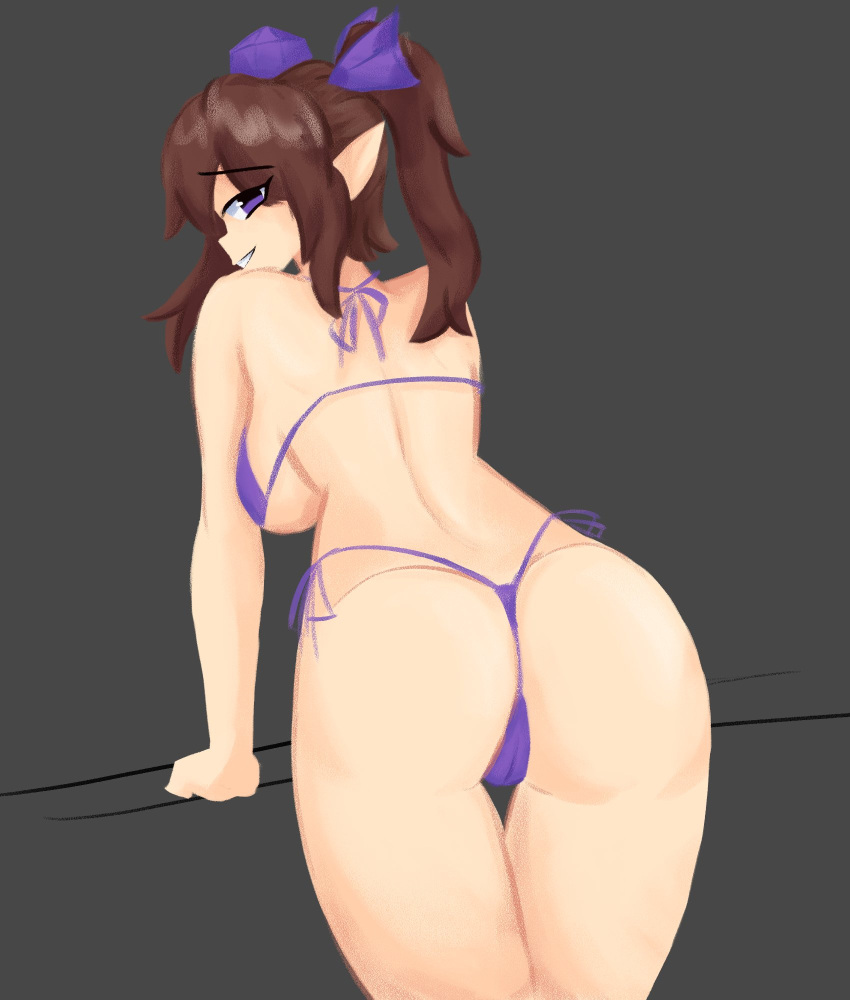 1girls 2d 2d_(artwork) 2d_artwork ass ass_up bikini bikini_bottom bikini_top brown_hair female female_focus female_only hat hatate_himekaidou lad_der medium_breasts purple purple_bikini purple_clothing purple_eyes rachelultrakill solo solo_female solo_focus string_bikini string_panties swimsuit touhou