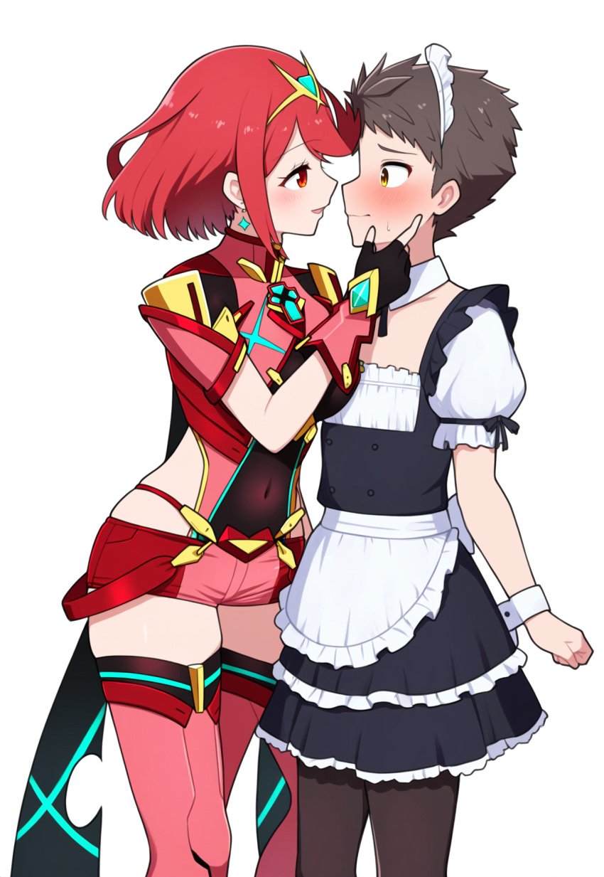 1boy 1girls ai_generated blush core_crystal crossdressing embarrassed female female_on_femboy femboy femboy_on_female femdom half-closed_eyes imminent_kiss looking_at_another maid maid_headdress maid_uniform male naughty_face novelai otoko_no_ko pyra pyra_(xenoblade) red_eyes red_shorts rex_(xenoblade) robofun sweatdrop thighhighs white_background xenoblade_(series) xenoblade_chronicles_2