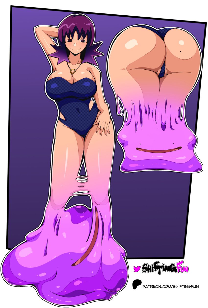 bathing_suit big_ass big_breasts ditto ditto_(pok&eacute;mon) ditto_copied_person gender_transformation nintendo partial_transformation philena_ivy pokemon pokemon_(species) shapeshifter shapeshifting shiftingfun slime transformation