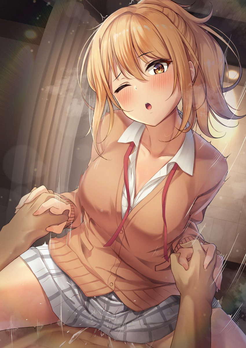 1girls absurd_res blonde_hair breasts clothed_sex cowgirl_position cum cum_in_pussy cum_inside dark-skinned_male female female_focus hi_res holding_hands large_breasts light-skinned_female looking_at_viewer love_live! love_live!_nijigasaki_high_school_idol_club miyashita_ai oku_1225 one_eye_closed open_mouth orange_eyes ponytail pov school_uniform schoolgirl sex skirt spread_legs straight thighs tongue yellow_eyes