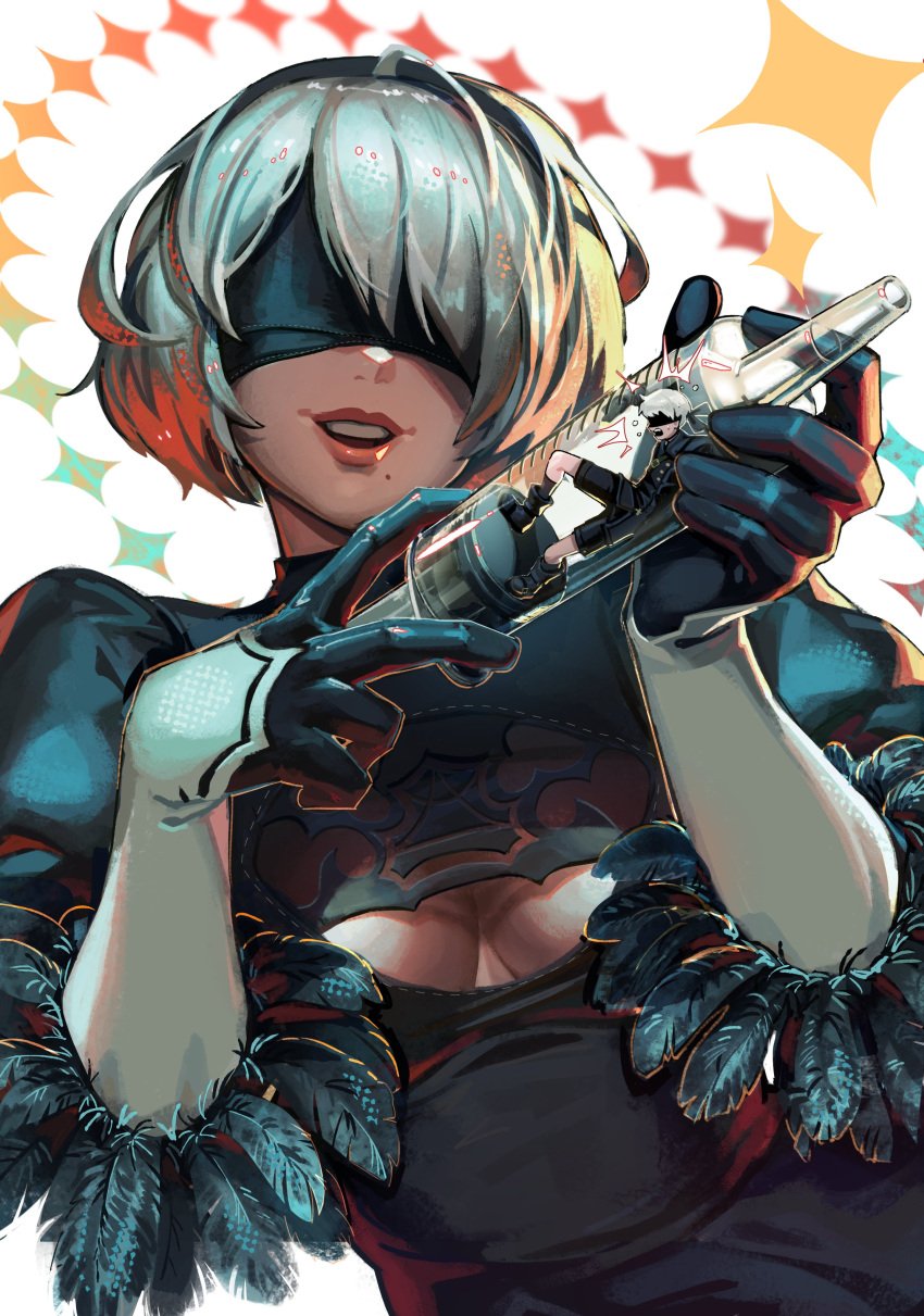 1boy 1girls anime_style barley_juice blindfold breasts clothed clothing female giantess hairband light-skinned_female light-skinned_male light_skin macro male micro miniboy nier nier:_automata short_hair size_difference syringe trapped white_hair yorha_2b yorha_9s