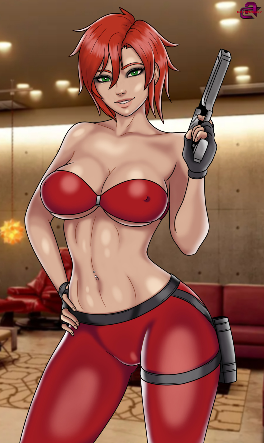 breasts ed_product green_eyes gun kaly pants pistol red_hair