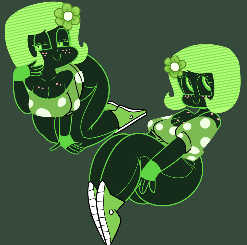 big_ass big_breasts black_pants brain_dump burnbot green_eyes green_flower green_hair green_shirt hotdiggedydemon not_porn polka_dot robot sfw smiling superspoe